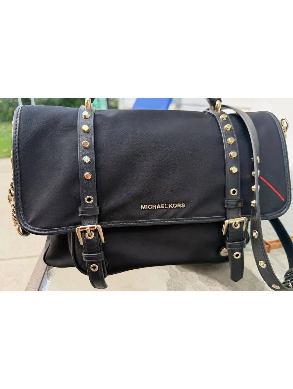 Michael Kors Women's Black Nylon Top Handle Studded Crossbody Satchel Bag